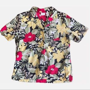 Vintage Womens Erika 90s Tropical Floral Leaf Print Button Down Aloha Shirt - M